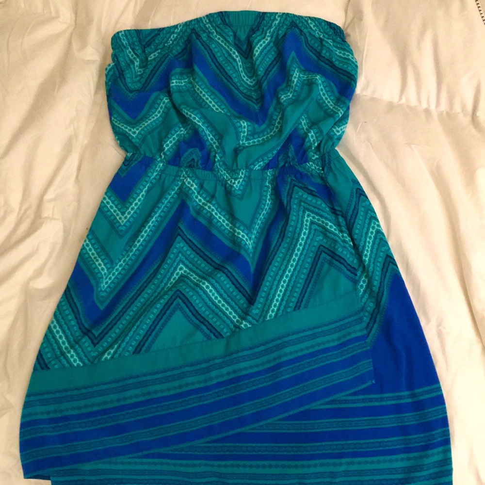 Blue and green strapless dress.